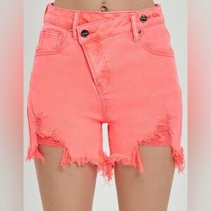 Women’s High-Rise Distressed Denim Shorts - Coral Pink
